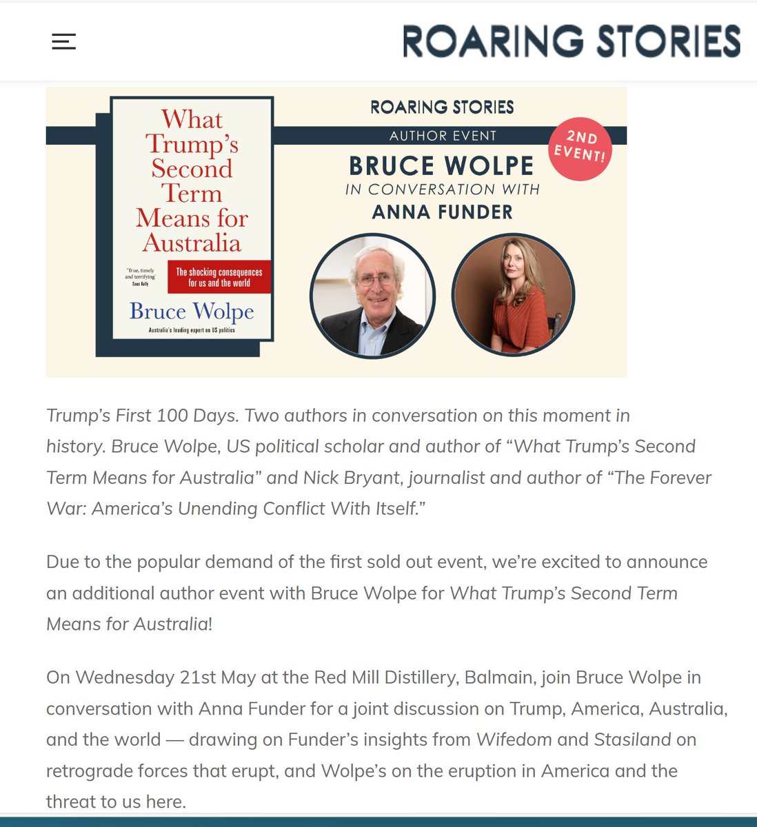 This Wed 21 May, 7 pm AEST a special @roaringstories event. In conversation with Anna Funder, one of our most acclaimed authors, to discuss Trump, America, Australia, and more. We are sold out! The event will be livestreamed and available afterwards here: bit.ly/4mqGxqQ.