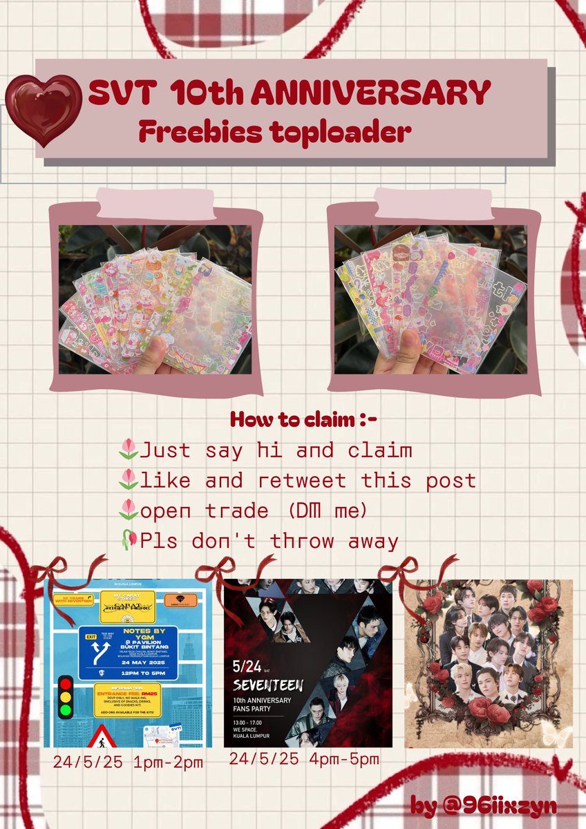 ThreeTriplee's tweet image. Hi Carat~⊹˚. ♡.𖥔 ݁ ˖

I have some small freebies for CSE this week, on 24/5/25 &amp;amp; 25/5/25
at:
#MYCARATStreet in KL (Pavi time : 1pm-2pm)
#SEVENTEEN 10th Anniversary Fans Party in KL (Kepong time : 4pm-5pm) @idolstore_my 
#Fallinto_SVT (time : 11am-5pm)

⋆.𐙚˚See you there 💎