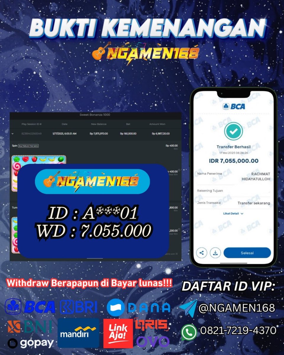 bandar101_'s tweet photo. SELAMAT KEPADA MEMBER NGAMEN168
ID : A***01
WITHDRAW : 7.055.000
WIN SLOT SWEET BONANZA 1000
KEMENANGAN BERAPAPUN DIJAMIN LUNAS!!!                                
LINK : https://t.co/CEbSAMsY5a https://t.co/QpR4GVzIsa