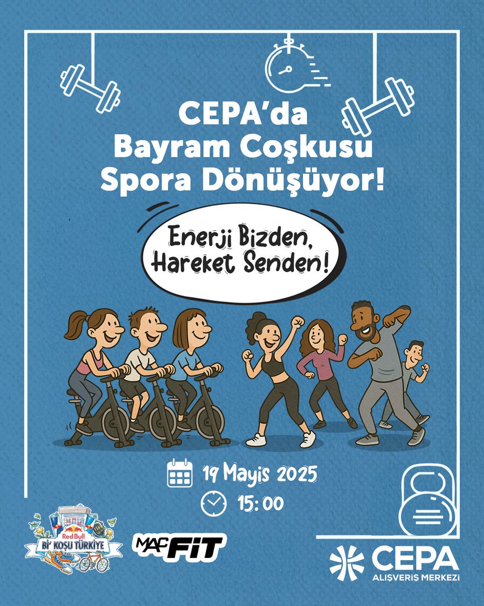 cepaavm's tweet photo. 19 Mayıs Gençlik ve Spor Bayramı’nda CEPA’da spor ve müzikle dolu bir gün seni bekliyor!  Red Bull’un enerjisi ve MacFit’in sportifliğiyle cycle, fit step ve dans dolu bir etkinlikte buluşuyoruz. https://t.co/ptpmHpE8cU