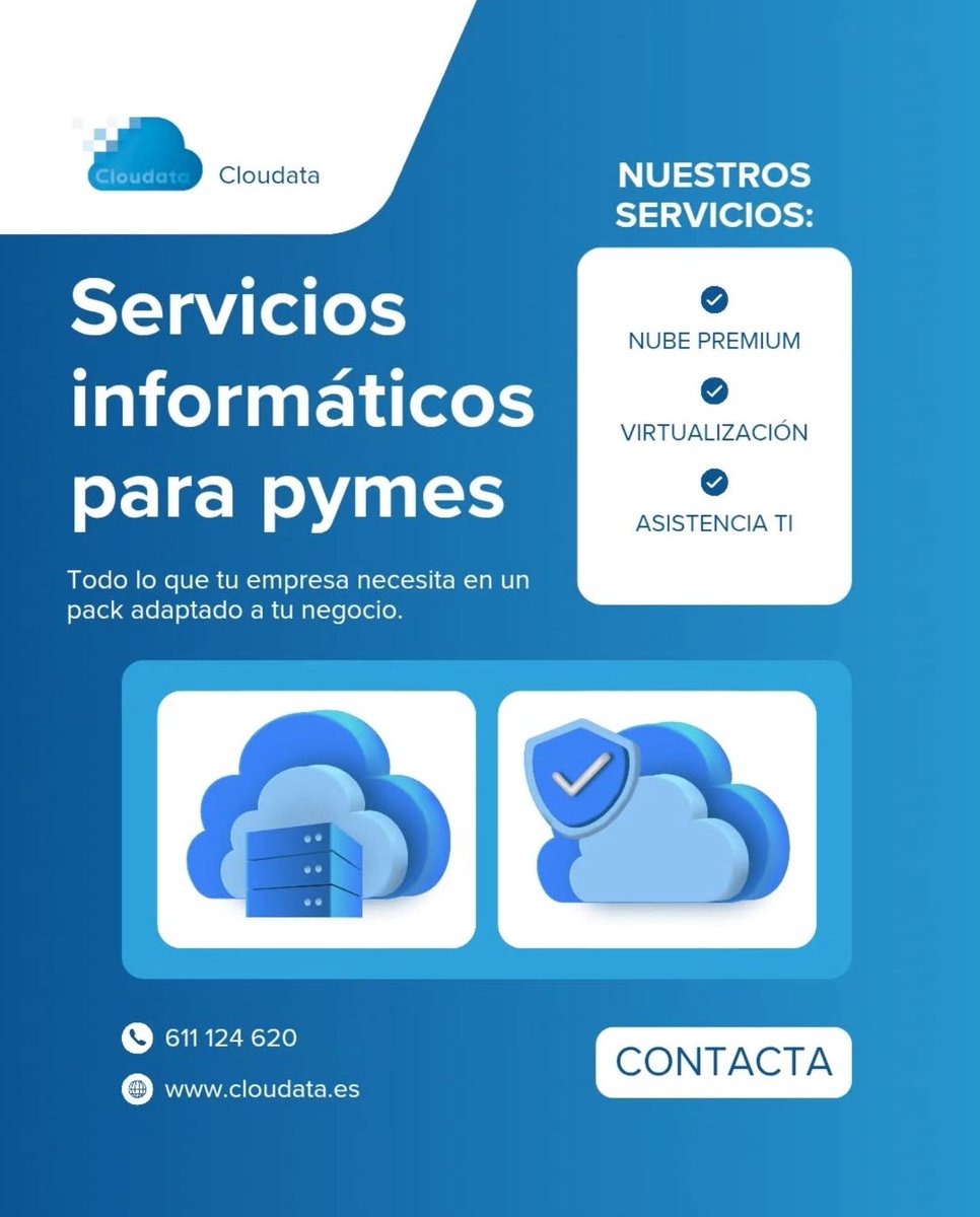 Por y para Pymes. Virtualización de aplicaciones, ciber seguridad, nube premium con backups, control de versiones, asistencia TI y mucho más.. ♥️
Llámanos y compruébalo por ti mismo. #cloudata