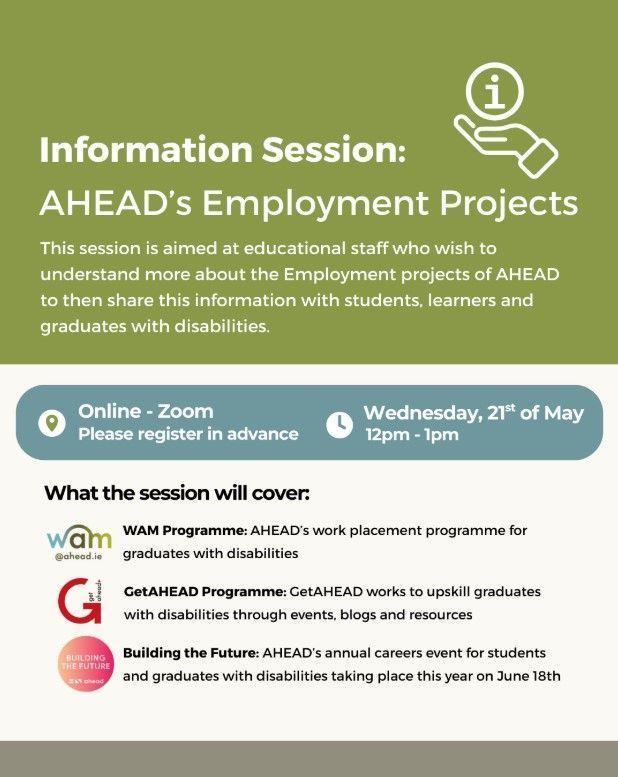 Want to learn more about AHEAD's employment programmes?

You are invited to join us on the 21st of May for our Information Session to learn more about what AHEAD does for Students and Graduates with disabilities!

Register here: buff.ly/RTV78IK