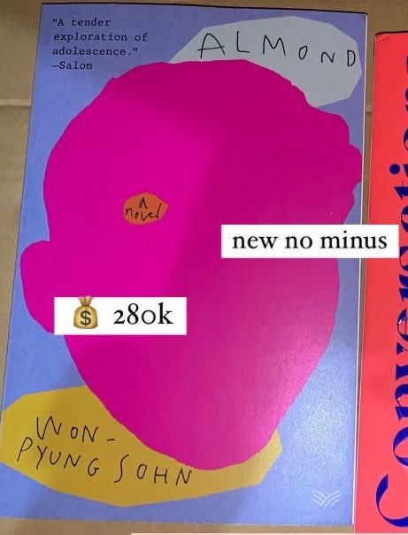 wts novel edisi bu, ori periplus &amp; gramedia, open nego, dm for condi, bisa 🍊 

🍉 seorang wanita yang ingin menjadi pohon semangka di kehidupan berikutnya (pl) 50k 
🏝️ happy place by emily henry (pl) 190k 
🧠 almond by won-pyung sohn (new) 280k