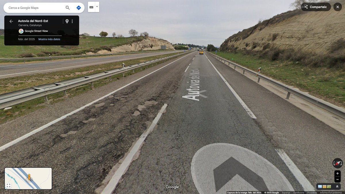 Ei gent! L'A2 entre Cervera i la Panadella no l'asfalten com a Barcelona? Van passant els anys i els dies i, els nostres polítics de govern no fan res! Haurem de treure la legió romana de Iesso, com l'any 2001. #Iesso #laSegarra #Cervera #Guissona font foto: Google maps.