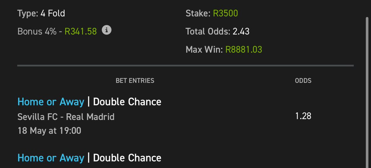 Double chance 💰🕯️🤝

⚽️:betting code: 03-229942

⚽️:If you don’t have Easybet  account👇

⚽️:Use my  promo code to register and get R50 Sign Up Bonus (promo code: Z50)

⚽️: Link to register:ebpartners.click/o/t4jnLs 
 
⚽️: 18+ T&amp;Cs Apply.