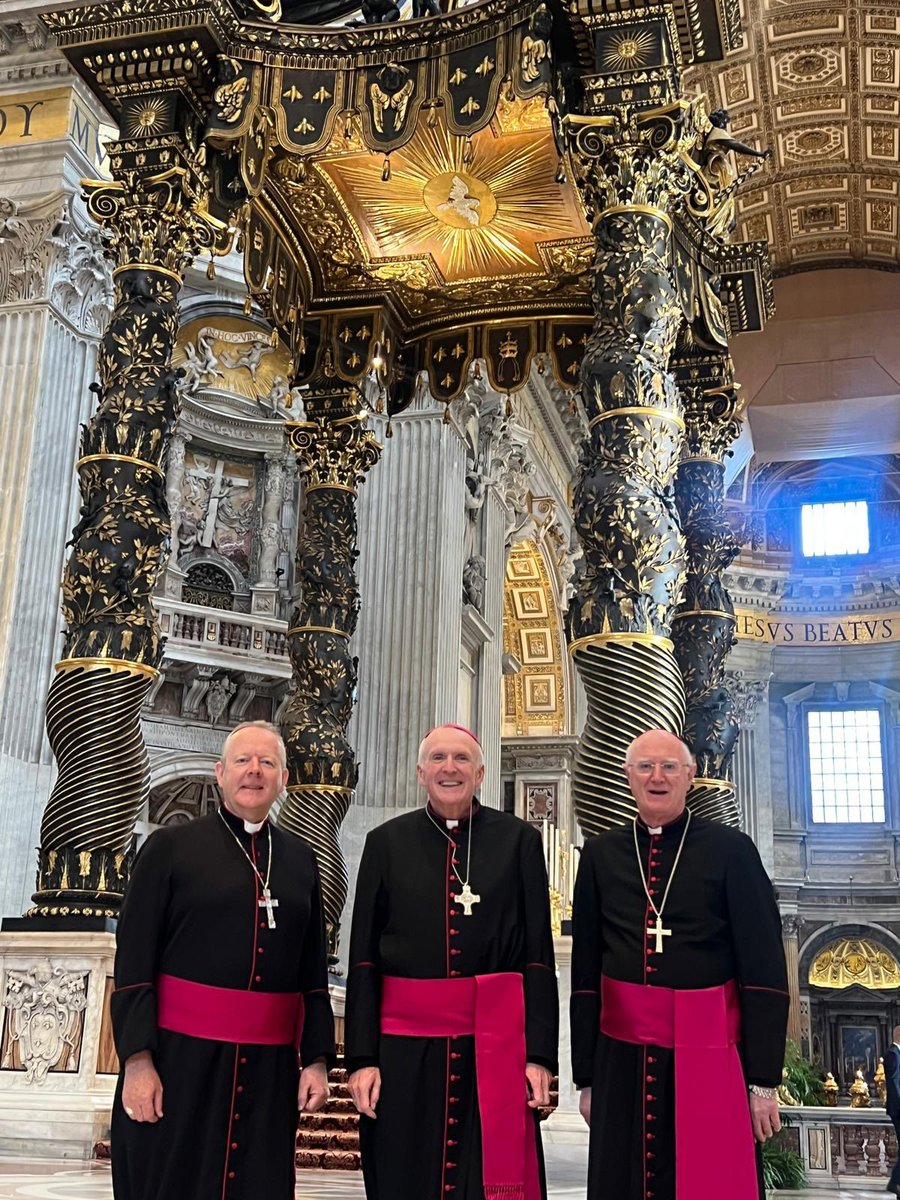 Archbishop Dermot Farrell, Archbishop of Dublin, with Archbishop Eamon Martin, Archbishop of Armagh, and Bishop Brendan Leahy, Bishop of Limerick, at the baldacchino of St Peter’s Basilica ahead of the inauguration Mass of Pope Leo XIV this morning.