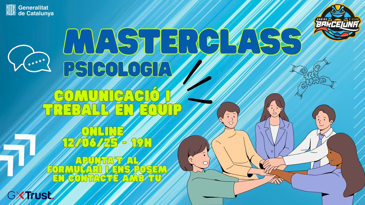 🚨 𝐌𝐀𝐒𝐓𝐄𝐑𝐂𝐋𝐀𝐒𝐒 𝐏𝐒𝐈𝐂𝐎𝐋𝐎𝐆𝐈𝐀

El dia 12/06 a les 19h els nostres psicòlegs faran una xarrada de comunicació i treball en equip.

📩 Si esteu interessats us deixem al següent post el formulari.

🚨 𝐌𝐀𝐒𝐓𝐄𝐑𝐂𝐋𝐀𝐒𝐒 𝐏𝐒𝐈𝐂𝐎𝐋𝐎𝐆𝐈𝐀

El 12/06 a las 19h,