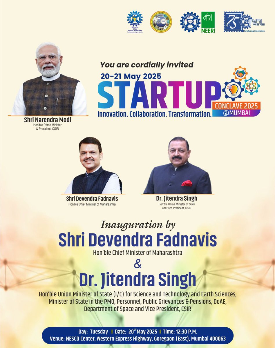 Dr Nitin Shukla (@nitsy10) on Twitter photo Hon’ble CM <a href="/Dev_Fadnavis/">Devendra Fadnavis</a> will inaugurate the Start-up conclave in August presence of Hon MoST <a href="/DrJitendraSingh/">Dr Jitendra Singh</a> on May 20.
🔥 Expect keynotes, startup pitches, panel discussions, CSIR showcases & more.
Don't miss this innovation summit of the year. <a href="/csir_ncl/">CSIR-National Chemical Laboratory</a> <a href="/venture_center/">VentureCenter</a> Hon’ble CM <a href="/Dev_Fadnavis/">Devendra Fadnavis</a> will inaugurate the Start-up conclave in August presence of Hon MoST <a href="/DrJitendraSingh/">Dr Jitendra Singh</a> on May 20.
🔥 Expect keynotes, startup pitches, panel discussions, CSIR showcases & more.
Don't miss this innovation summit of the year. <a href="/csir_ncl/">CSIR-National Chemical Laboratory</a> <a href="/venture_center/">VentureCenter</a>