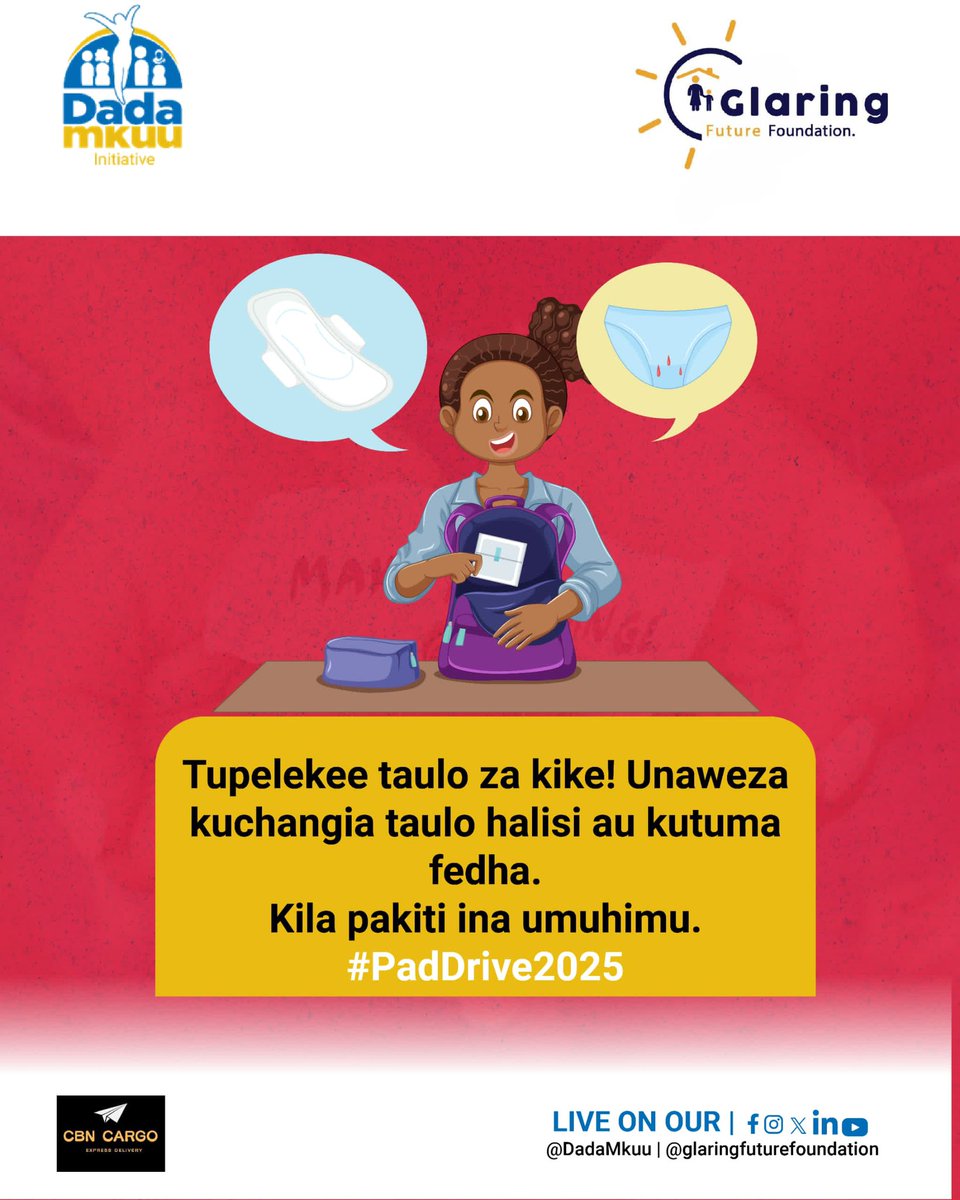 Mtoto wa kike ana ndoto, lakini ndoto hizo hukatishwa kila mwezi kwa sababu ya kukosa pedi.
👉 Changia leo — kuwa sehemu ya mabadiliko!  

📍Lipa Namba: 15890533 (Glaring Foundation)  
📱Voda: 0749338333 (Dada Mkuu Initiative)

#ChangiaPedi #MtotoWaKikeKwanza #HedhiSioAibu