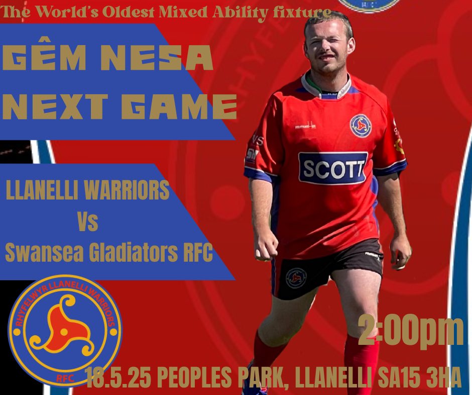 GwilLLANELLIWARRIORS (@gwilwarriors) on Twitter photo DIWRNOD Y GÊM
GAME DAY
⚔️ <a href="/SwanseaGlads/">GladiatorsRFC</a> RFC
🗺️ Peoples Park , Llanelli
📍 SA15 3BT
🕑 2pm
The world’s oldest mixed ability fixture, since 1995
Grab a can - get a tan 🍻🌞
<a href="/AllWalesSport/">All Wales Sport</a> <a href="/rlloydpr/">Robert Lloyd</a> <a href="/LdWales/">Learning Disability Wales</a> <a href="/dsw_news/">Disability Sport Wales</a> <a href="/IncSols/">Inclusive Solutions</a> <a href="/fyb_rugby/">Fill Your Boots 🏉</a> <a href="/ActifPathwaysDC/">Darren Carew</a> <a href="/sportcarms/">Chwaraeon a Hamdden Actif | Actif Sport & Leisure</a> <a href="/AllWalesPF/">All Wales People 1st</a> DIWRNOD Y GÊM
GAME DAY
⚔️ <a href="/SwanseaGlads/">GladiatorsRFC</a> RFC
🗺️ Peoples Park , Llanelli
📍 SA15 3BT
🕑 2pm
The world’s oldest mixed ability fixture, since 1995
Grab a can - get a tan 🍻🌞
<a href="/AllWalesSport/">All Wales Sport</a> <a href="/rlloydpr/">Robert Lloyd</a> <a href="/LdWales/">Learning Disability Wales</a> <a href="/dsw_news/">Disability Sport Wales</a> <a href="/IncSols/">Inclusive Solutions</a> <a href="/fyb_rugby/">Fill Your Boots 🏉</a> <a href="/ActifPathwaysDC/">Darren Carew</a> <a href="/sportcarms/">Chwaraeon a Hamdden Actif | Actif Sport & Leisure</a> <a href="/AllWalesPF/">All Wales People 1st</a>