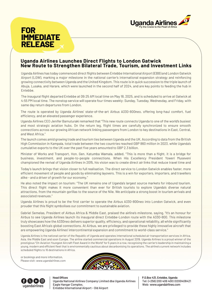 Immediate Release #FlyUgandaAirlines