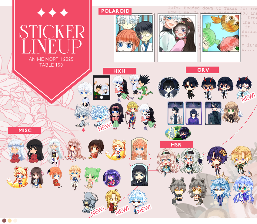 My catalogue for #animenorth2025 is here! My table will also have #orv , #hsr &amp; #hxh blind bags for people to purchase. I will be tabling with
<a href="/tincchos/">tin ✨</a>  LADS stamp rally + on-site c0mm info below!📷