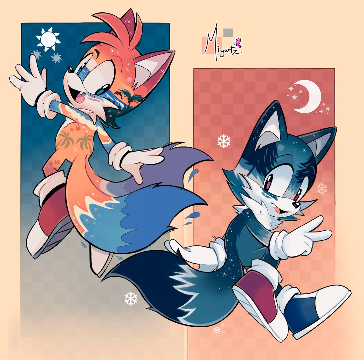 Odd_the_Wolf's tweet photo. Summer Tails and Winter Odd. 

The artist is @Miyartz. Thank you so much!!! I really love this one! 

#Tails #fox #summer #Odd #wolf #winter https://t.co/roDKwoJ8V4