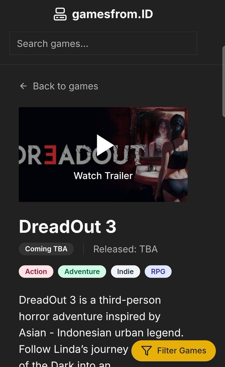 Newly announced games added to gamesfrom.ID

- Dreadout 3
- Montabi
- KuloNiku
- 1998: Toll Keeper's Story
- Project Jurit
and some more!