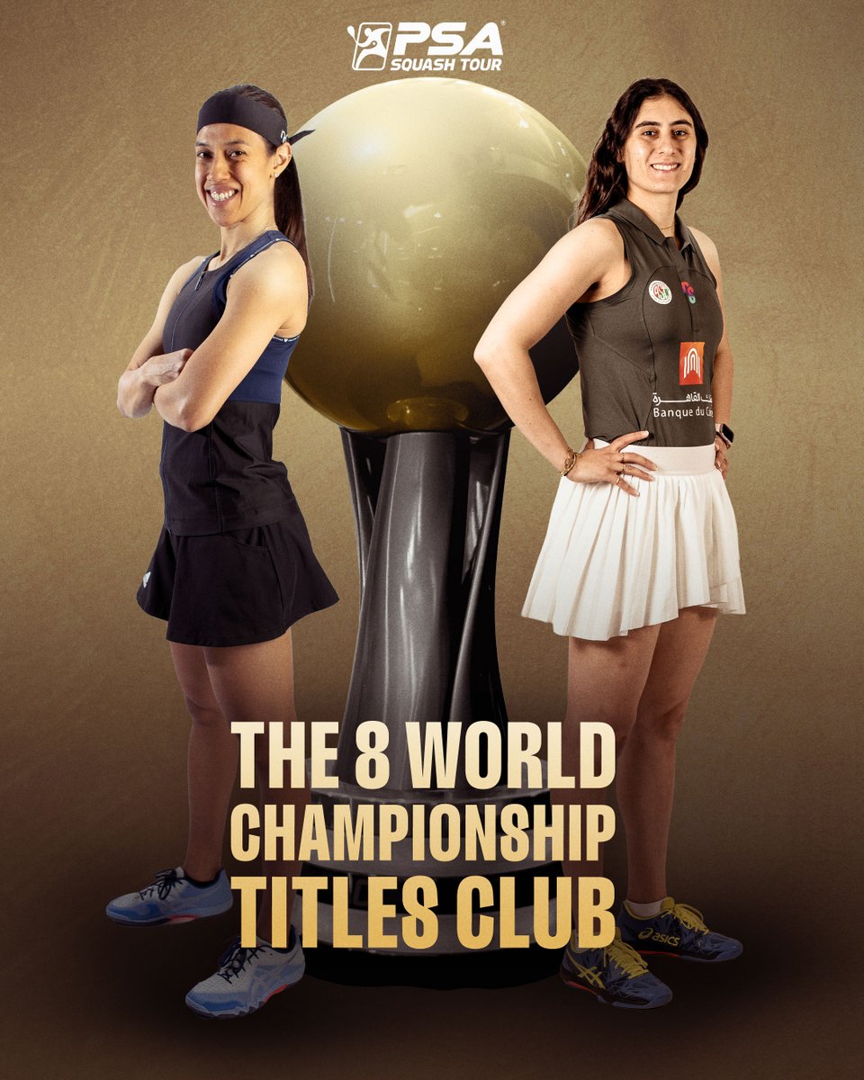 PSASquashTour's tweet photo. The ONLY two women to ever win the @PSAWorldChamps eight times 🏆🏆🏆🏆🏆🏆🏆🏆

@NicolDavid 🤝 @noursherbini https://t.co/8D4uUf4Gsr