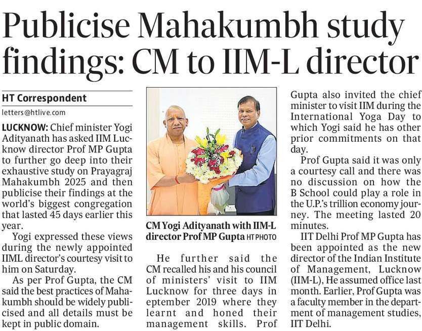 CM Office, GoUP (@cmofficeup) on Twitter photo #UPCM <a href="/myogiadityanath/">Yogi Adityanath</a> meets IIM Lucknow Director Prof MP Gupta, urges public dissemination of Prayagraj Mahakumbh 2025 study findings to highlight best practices from the world’s biggest congregation.
<a href="/IIML/">IIM Lucknow</a> #UPCM <a href="/myogiadityanath/">Yogi Adityanath</a> meets IIM Lucknow Director Prof MP Gupta, urges public dissemination of Prayagraj Mahakumbh 2025 study findings to highlight best practices from the world’s biggest congregation.
<a href="/IIML/">IIM Lucknow</a>