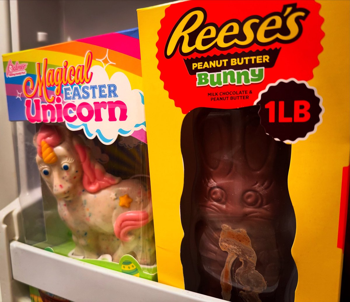 Got a friend for my chocolate unicorn from 2021. The chocolate bunny doesn’t look so happy though.