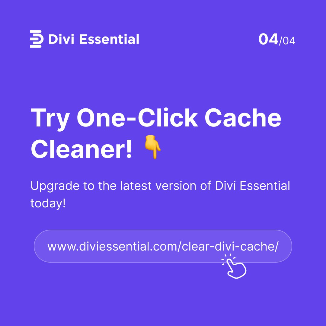 divi_next's tweet image. Divi Essential v4.11.0 offers a simple fix for a common headache: clearing Divi&apos;s static CSS &amp;amp; builder cache.

Our new &quot;Clear Divi Cache&quot; extension automates it!

Learn more: diviessential.com/clear-divi-cac…

#DiviEssential #DiviBuilder #StaticCache #CacheCleaner