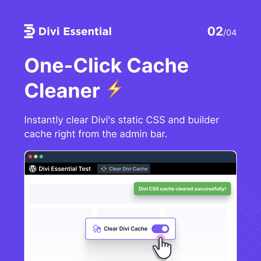 divi_next's tweet image. Divi Essential v4.11.0 offers a simple fix for a common headache: clearing Divi&apos;s static CSS &amp;amp; builder cache.

Our new &quot;Clear Divi Cache&quot; extension automates it!

Learn more: diviessential.com/clear-divi-cac…

#DiviEssential #DiviBuilder #StaticCache #CacheCleaner