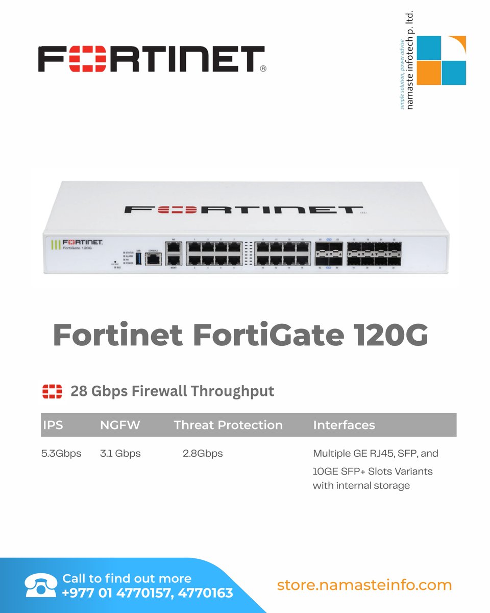 LtdNamaste's tweet image. The Fortinet FortiGate 120G is a high-performance, enterprise-grade firewall appliance built to secure medium to large branch offices and distributed networks.
To know more:
store.namasteinfo.com/.../fortinet-f…
#fortinet, #fortinetauthorizedpartner, #hardware, #FortinetFortigate120G