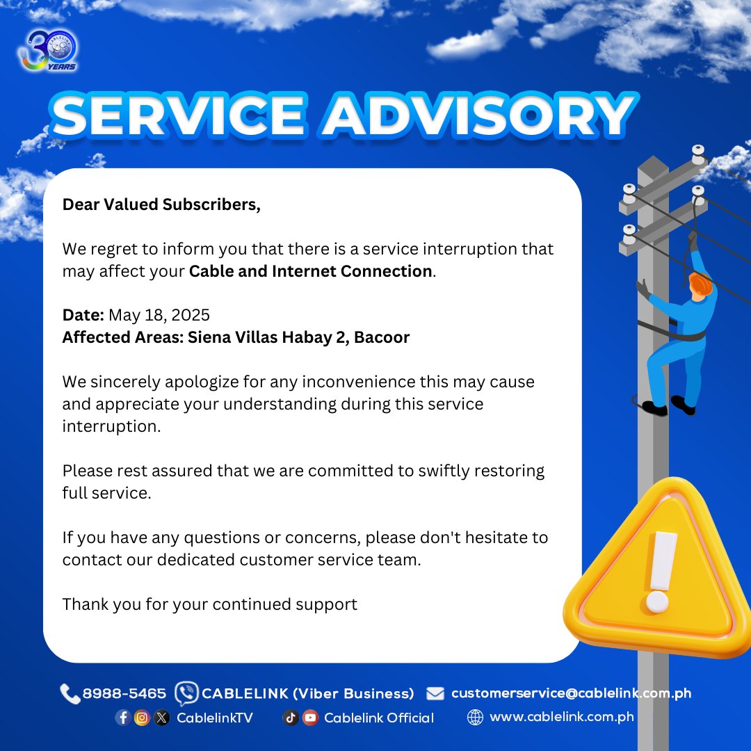 [SERVICE ADVISORY]

We regret to inform you that there is a service interruption that may affect your Cable and Internet Connection.