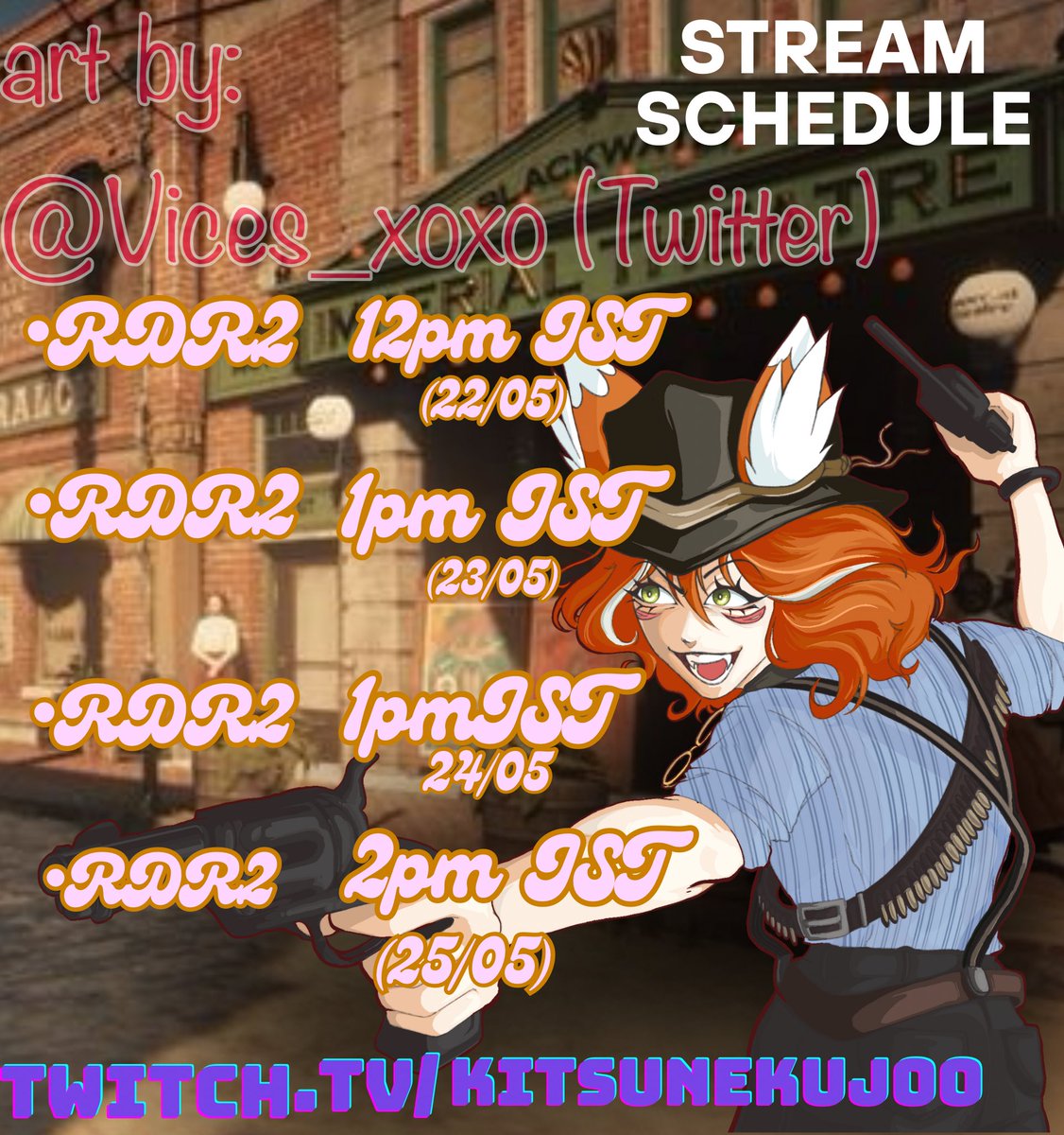 kitsunekuj54643's tweet photo. Hello everyone it’s finally here! As promised ever since I began streaming we’ll have a RDR2 marathon next week! Art made by @Vices__xoxo!! 

I’ll catch you cowpokes live on https://t.co/d5k2omRngL 

#Vtubers #VtuberEN #VTuberUprising #tailmates #rdr2 https://t.co/nxMVqib4Od