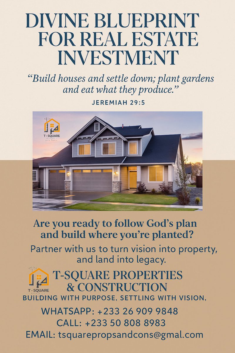 Divine Blueprint For Real Estate Investment
Jeremiah 29:5 – “Build houses and settle down; plant gardens and eat what they produce.”

Stay Ahead In Real Estate. Join Our WhatsApp Channel For Daily Tips &amp; Insights:
whatsapp.com/channel/0029Va…