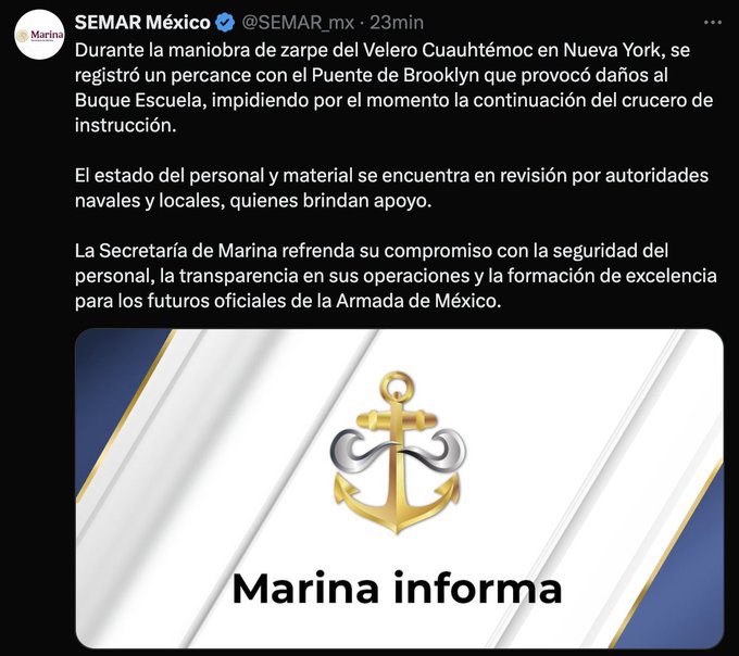 Es una tragedia el accidente del Buque Escuela Cuauhtémoc de la <a href="/SEMAR_mx/">SEMAR México</a> en Nueva York. Expreso mi solidaridad con las y los tripulantes y cadetes heridos, así como con sus familias.

Esperemos el parte oficial de las autoridades, que permita esclarecer lo sucedido.