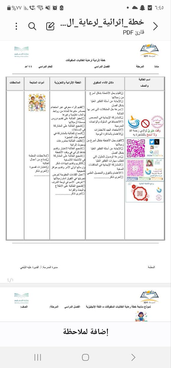 HorseFalcon's tweet photo. خطة إثرائية وتعزيزية للطلاب المتفوقين 
تتضمن تقديم أنشطة متقدمة، مشاريع بحثية، مسابقات علمية، وبرامج رعاية خاصة لتنمية مهاراتهم، مع تكريم وتحفيز مستمر لدعم تميزهم طوال العام الدراسي على الرابط
الأداء الوظيفي الخماسي
https://t.co/9LCMIIggCO
ملف تحسين نتائج المتعلمين
نوريه الغامدي https://t.co/TNDkx9tAXS