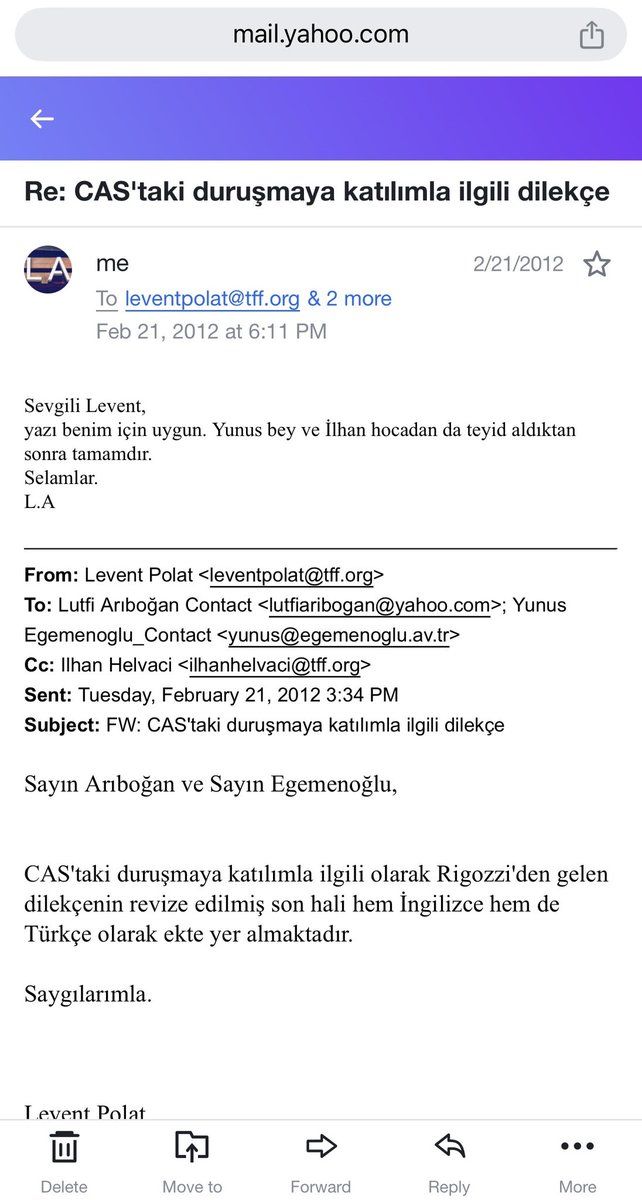 VARAN 6

Tarih: 21 Şubat 2012

TFF'de hukuk müşavirliği yapan Av. Levent Polat, TFF'den istifa etmiş Lutfi Arıboğan'ın kişisel yahoo.com adresine email gönderip CAS dilekçesi için onay istiyor.

Levent Polat Ağustos 2013'te GS hukuk danışmanlık kadrosuna dahil oldu.