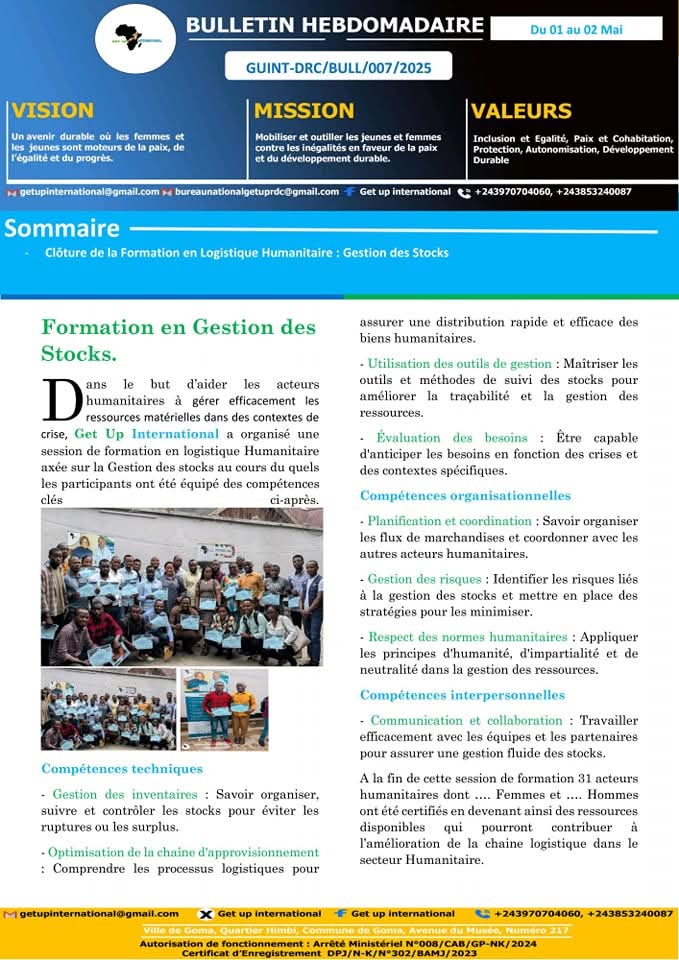 Découvrez notre bulletin Hebdomadaire de la semaine du 28 au 3 mai 2025. #Nyiragongo #formation #goma #training