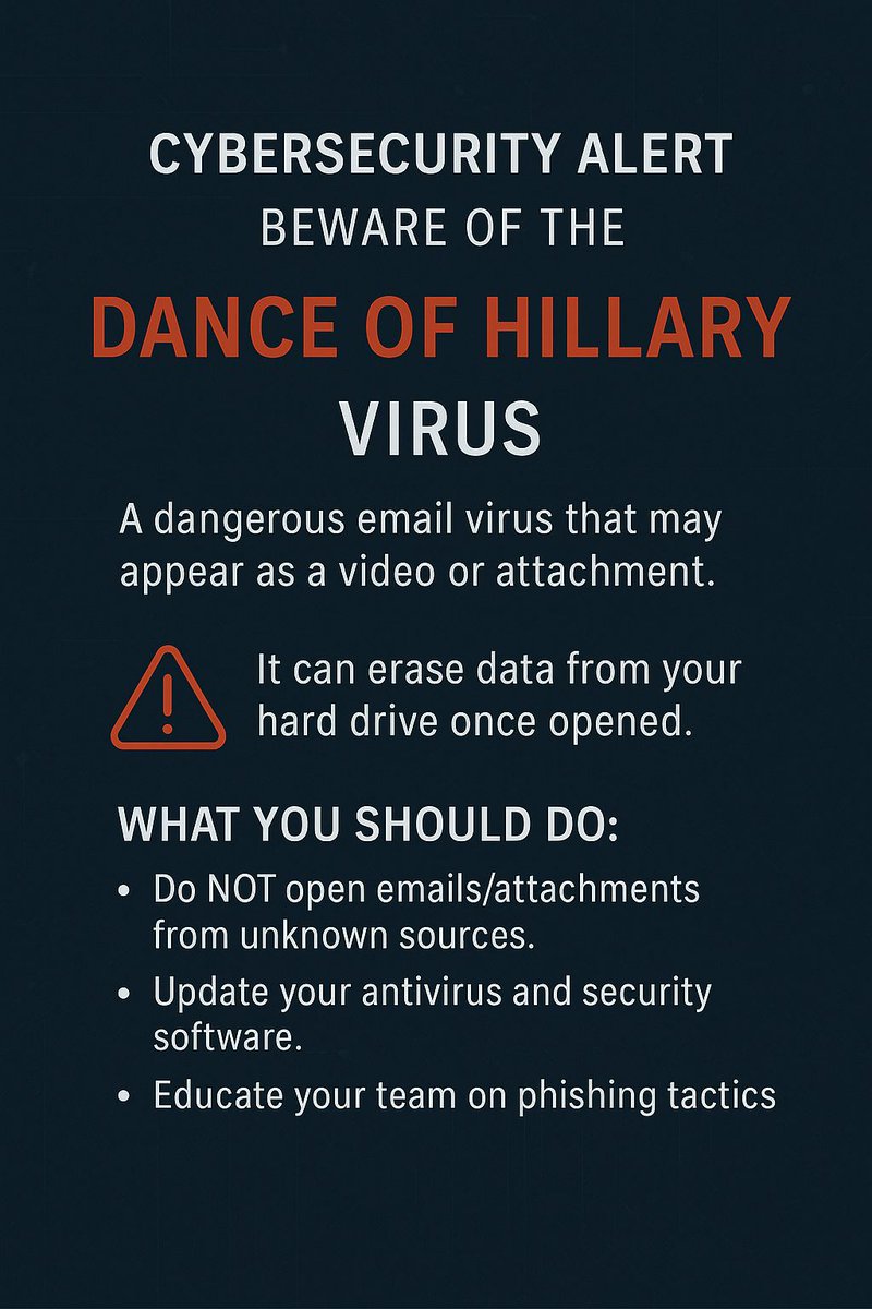Syswizard_in's tweet image. A dangerous email virus known as &quot;Dance of Hillary&quot; is making rounds again. Disguised as a video or an attachment with a catchy name, this virus can wipe out data from your hard drive and compromise system integrity once opened.

#CyberSecurity #Infosec #ThreatAlert #ITAwareness