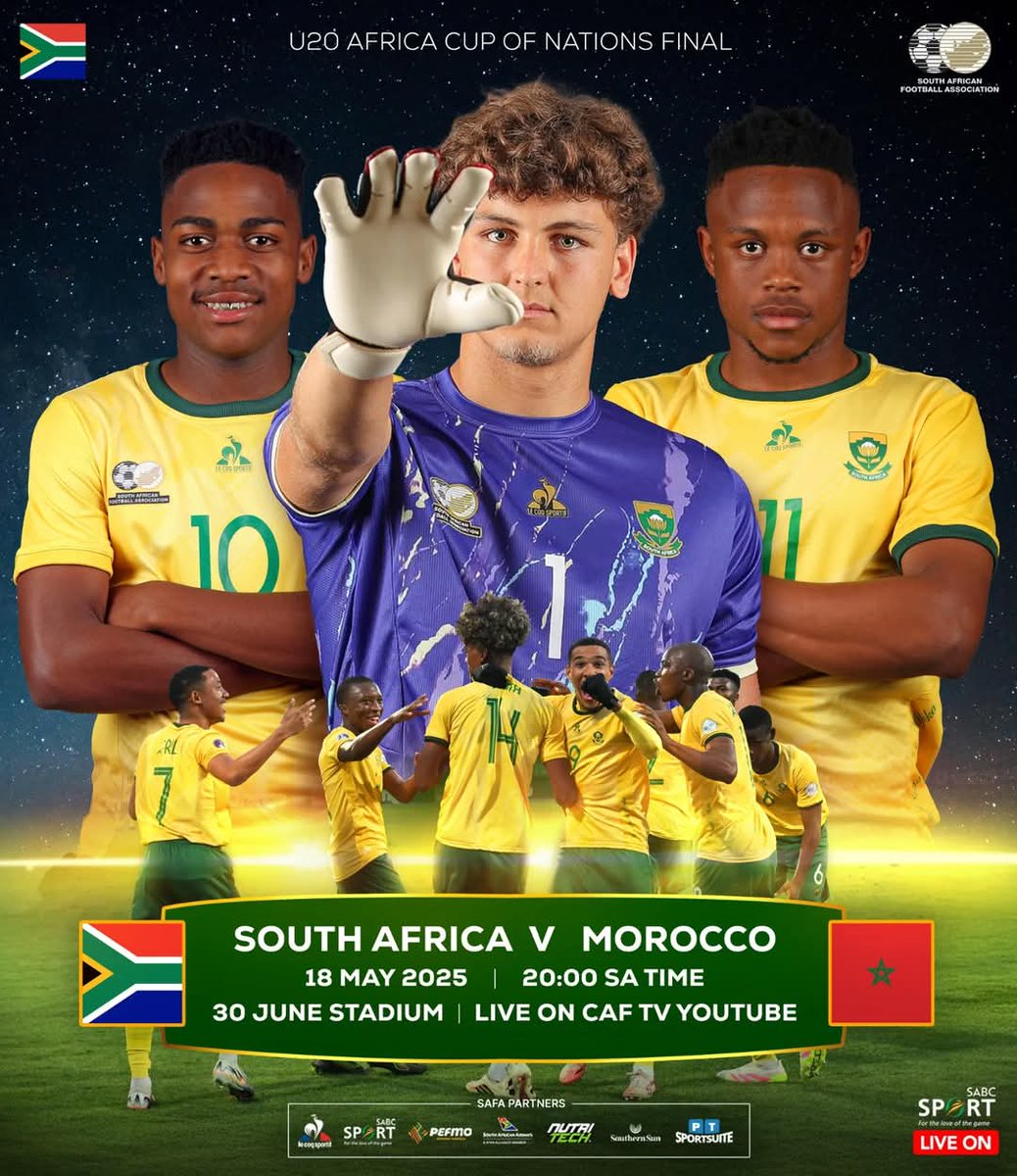 UnplayableZA's tweet image. 🚨 𝗔𝗙𝗖𝗢𝗡 𝗙𝗜𝗡𝗔𝗟

Amajita 🇿🇦 v Morocco 🇲🇦 

🏟 June, Cairo 🇪🇬 
🧭 20H00
📺 SABC 2

𝙍𝙀𝙋𝙊𝙎𝙏 𝙛𝙤𝙧 𝙖 𝘼𝙢𝙖𝙟𝙞𝙩𝙖 𝙬𝙞𝙣 🏆

#U20AFCONFinal
#UNPLAYABLE