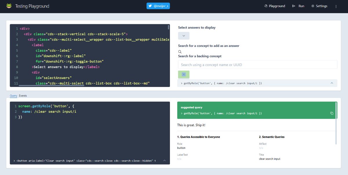 bharathshettyy's tweet photo. 🧪 Just debugged a tricky failing test in my React Testing Library suite using Testing Playground - this tool is a lifesaver when it comes to identifying the right queries! 💡

Easily inspected the DOM and found the most accessible selectors 🔍

#React  #ReactTestingLibrary https://t.co/Iz2vlA4Adu