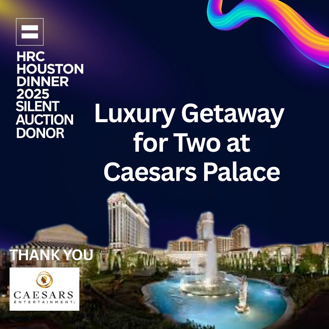 We’re thrilled to thank Caesars Entertainment for the generous donation to 2025 HRC

♣ 2 nights in deluxe room at Caesars Palace Las Vegas
♣ Roundtrip limo service @ Harry Reid Airport &amp; hotel

#HRCHouston #SilentAuction2025 #SupportEquality #CaesarsPalace #LGBTQSupport