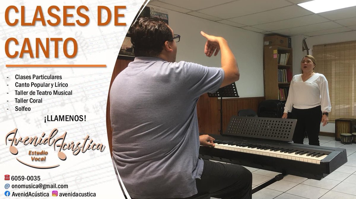 ¿Quiere aprender música? ¡Venga a la Academia AvenidAcústica!

Cursos:
Canto 🎤
Piano 🎹
Órgano 🎹
Violín 🎻
Acordeón 🪗 

¡Los mejores precios del mercado, el mejor servicio y la mejor calidad!

Llámenos!! 6059-0035
Estamos en Escazú, Centro Comercial el Oriente, local 4.