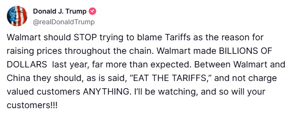 Walmart made $19 billion profit on $640 billion in sales, or 2.9% profit. Trump's tariffs hiked the price of most of their goods by 20% or more.

It's basic math: 20% does not fit into 2.9%.