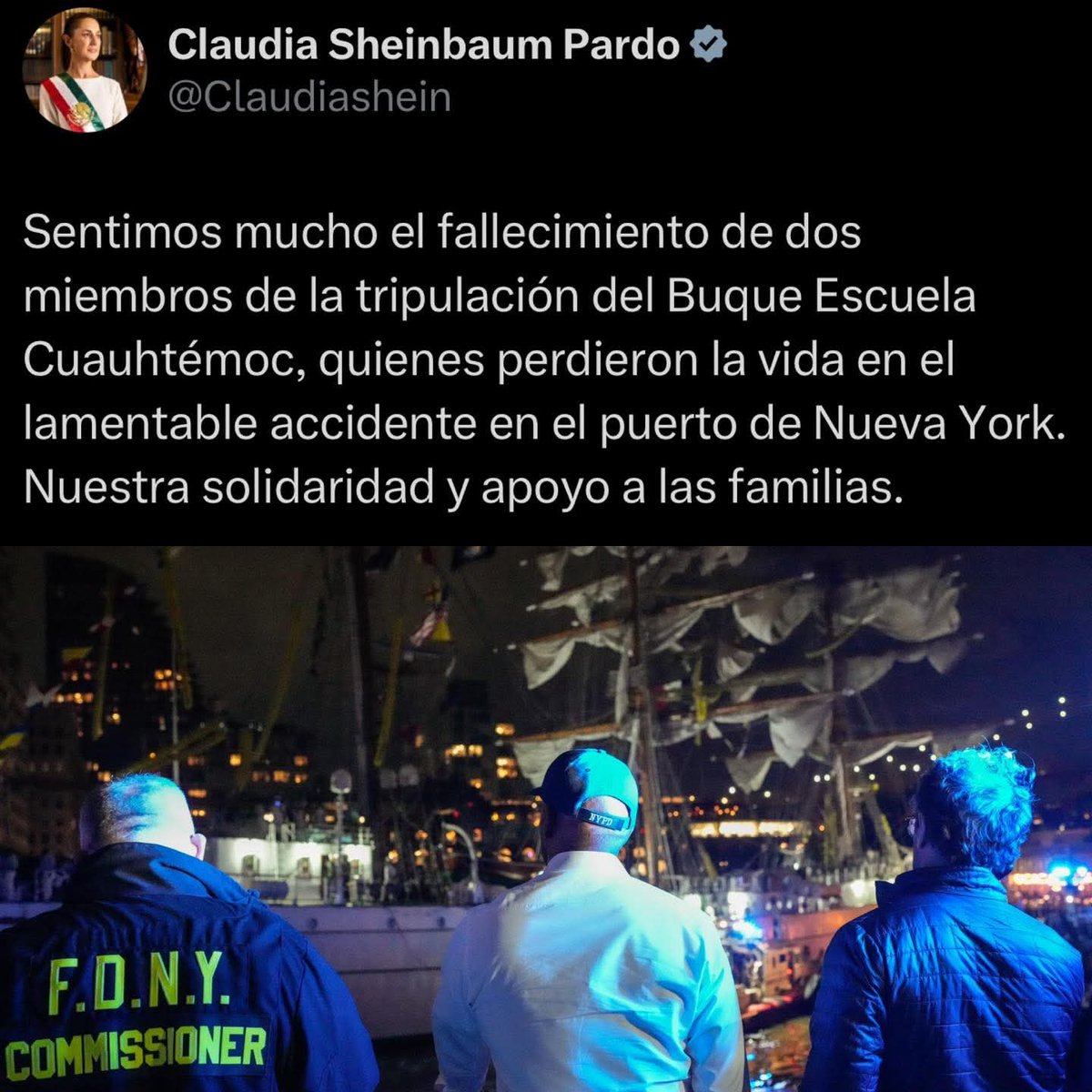 Noticias_Dgo's tweet image. 🔴 Urgente de último momento: 2 personas fallecidas por el incidente del buque de vela Cuauhtémoc de México en el Puente de Brooklyn de New York.
La noticia ha sido confirmada por la presidenta de México. Esto es verdaderamente triste y lamentable, que en paz descansen.
Esto es…
