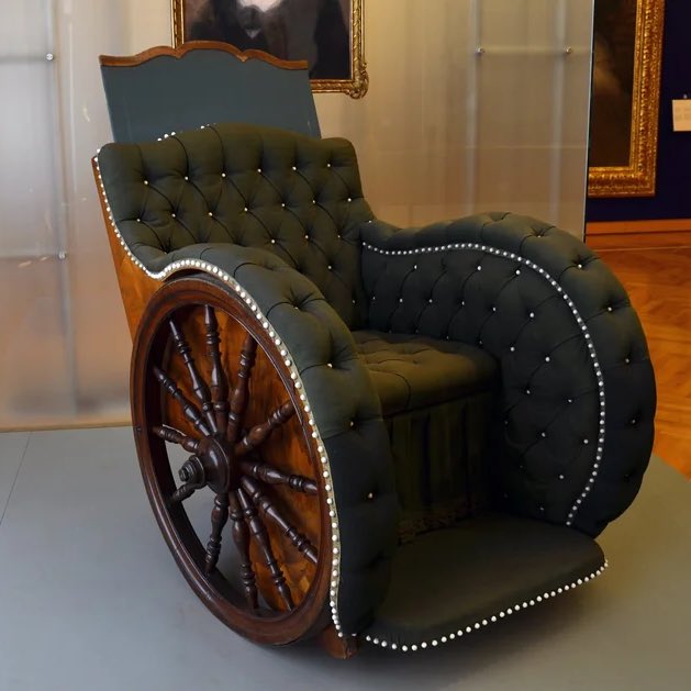 Historic_ig's tweet photo. One of the earliest known mobility aids—a custom wheelchair built in 1740 for Holy Roman Empress Elisabeth Christine of Brunswick-Wolfenbüttel. https://t.co/DQrydoAnmx