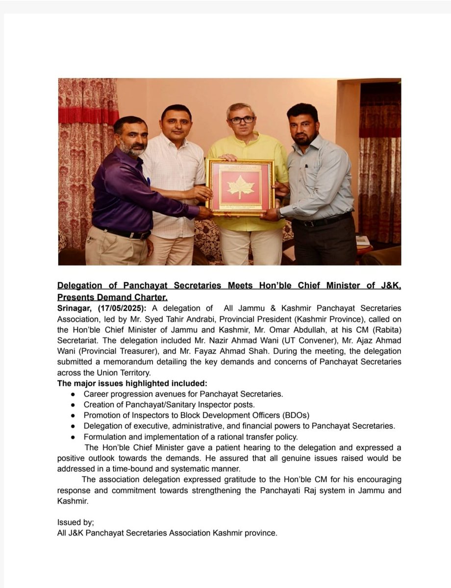 Panchayat Secretary Association Meets Hon'ble Chief Minister J&amp;K