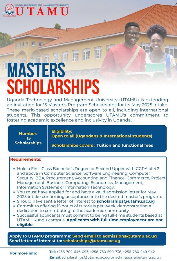 UTAMU is offering Master's Scholarships for May 2025. Pursue excellence in your field-apply now! Graduate link: utamu.ac.ug/admissions/app………………

@utamu_7 <a href="/baryamureeba/">Prof. V Baryamureeba</a>