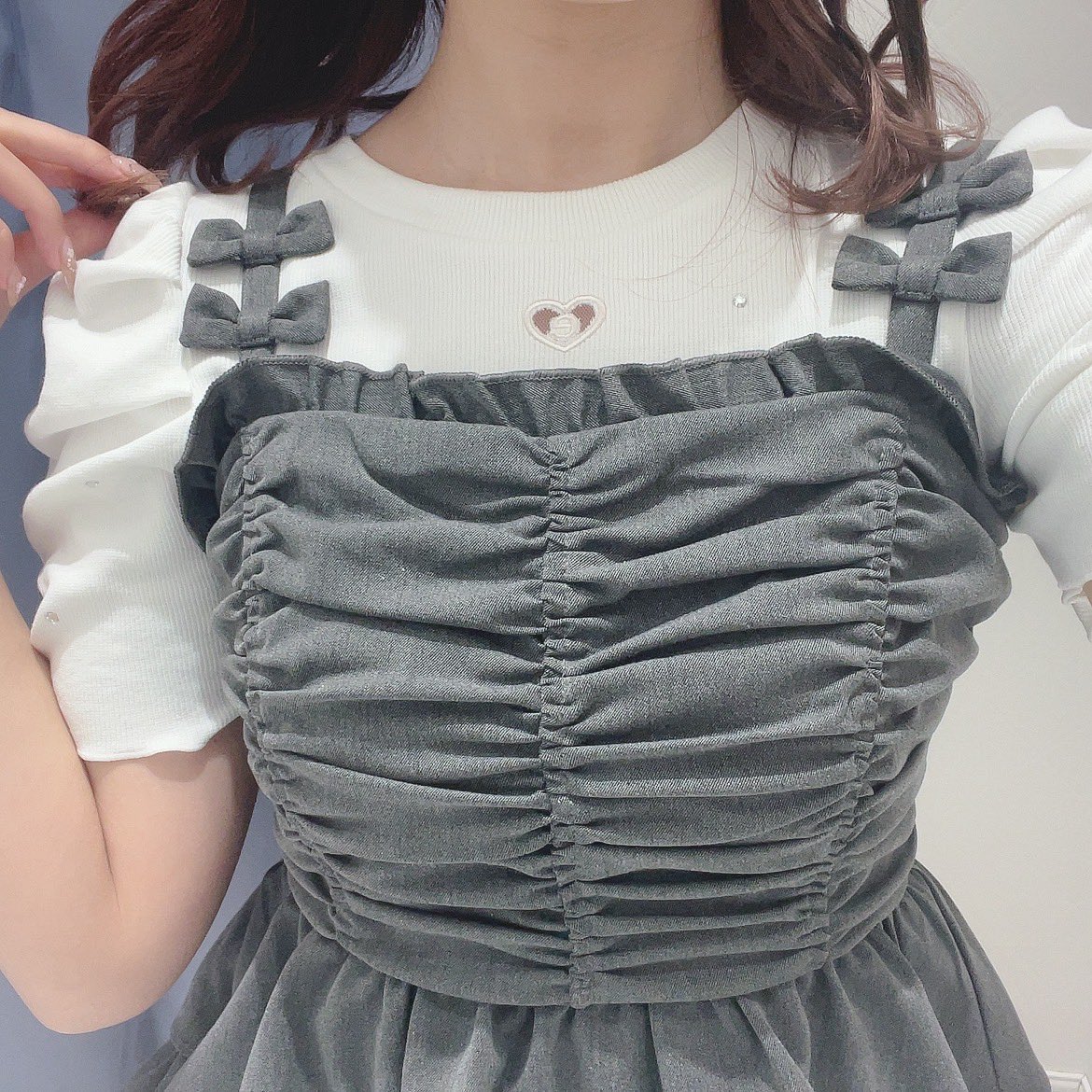 evelyn ハート透かしビジューTP ピンク evelyn リボンキャミギャザーop