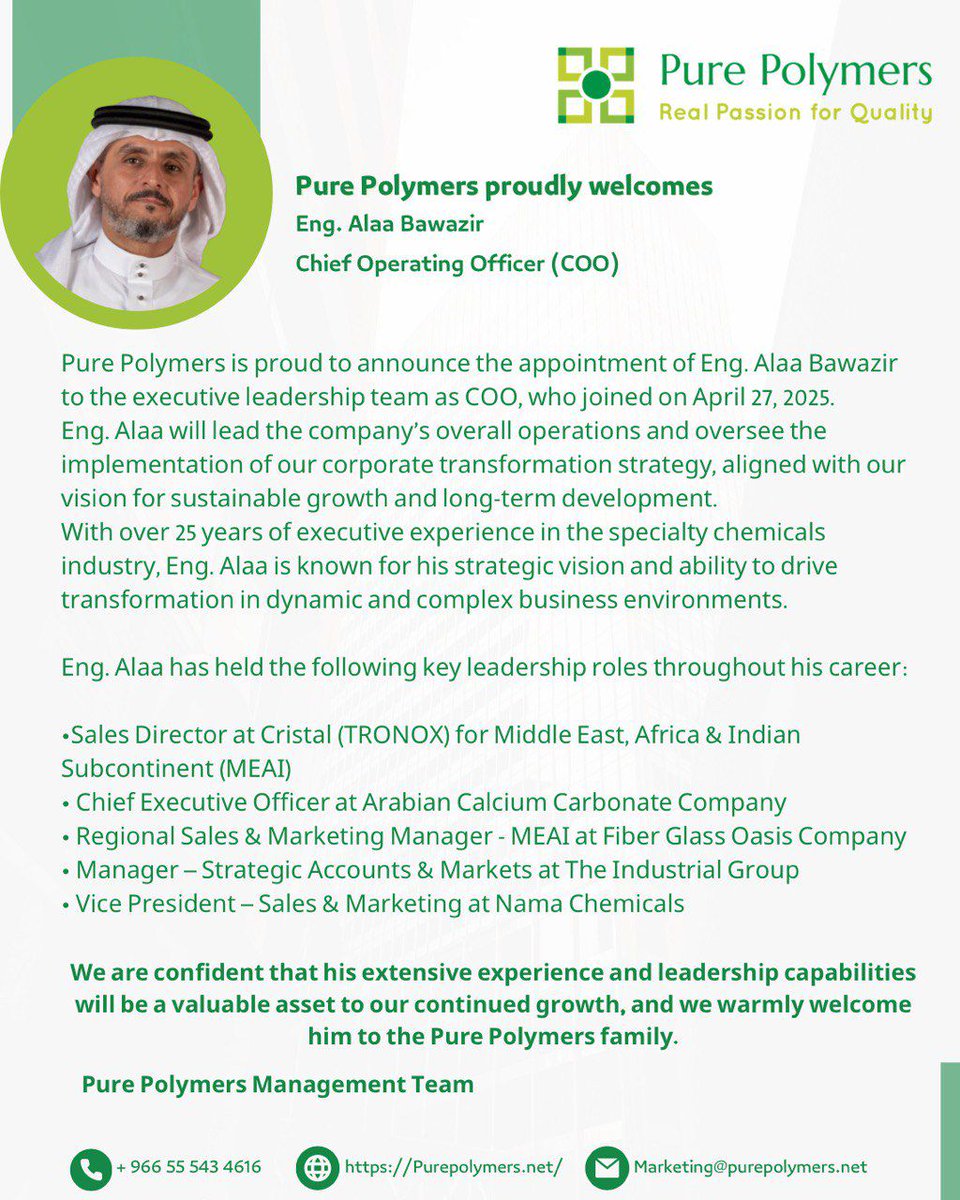 Pure_Polymers's tweet photo. Welcoming Eng. Alaa Bawazir as our new COO

We’re excited to have Eng. Alaa Bawazir join Pure Polymers as Chief Operating Officer. His extensive leadership experience will be key in driving our growth and transformation.