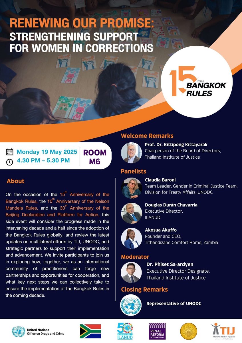 You’re invited! We’re celebrating the 15th anniversary of the #BangkokRules. Don’t miss our highlights: the 15 Years of the Bangkok Rules exhibition and the side event: 
“Renewing Our Promise: Strengthening Support for #WomeninCorrections,” during #CCPCJ34 #TIJ #CriminalJustice