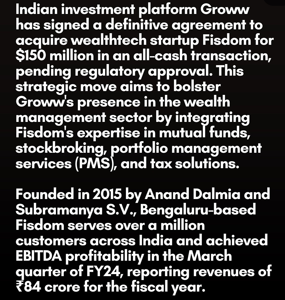 startupexitsind's tweet photo. 🚨 Groww just made a power move!
➡️The 💰$7B unicorn is acquiring FISDOM for $150M in cash—just before filing for a $1B IPO.
➡️This boosts Groww’s wealth management play, giving it access to 1M+ users & 15+ bank tie-ups via Fisdom.
#Groww #Fisdom #Fintech #IPO https://t.co/AtQ7TRytKe