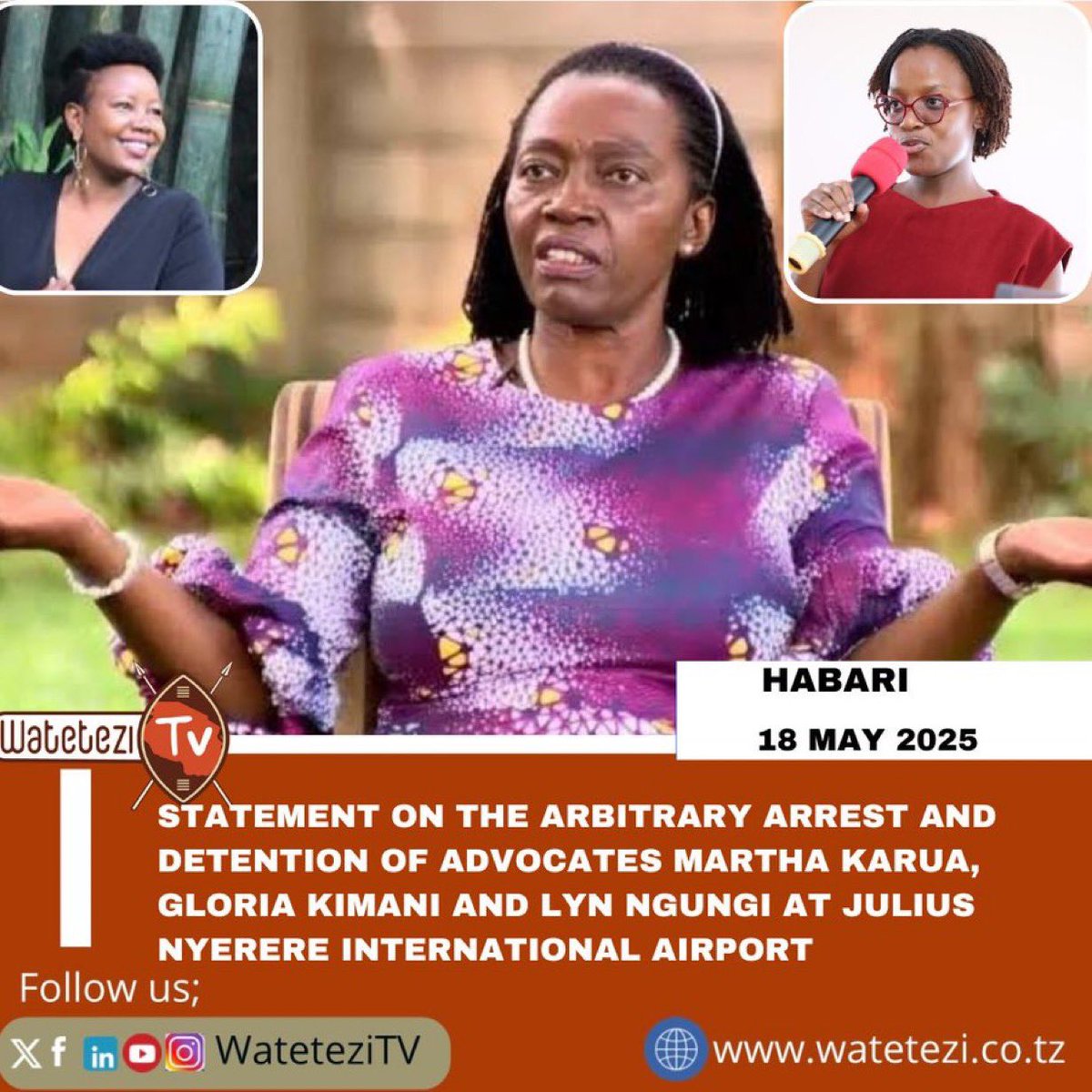 The Tanzania Human Rights Defenders Coalition (THRDC) strongly condemns the arbitrary arrest and detention of Advocate Martha Karua, Gloria Kimani-a Council Member of the Law Society of Kenya and Lyn Ngugi at Julius Nyerere International
Airport (JNIA) upon their arrival in