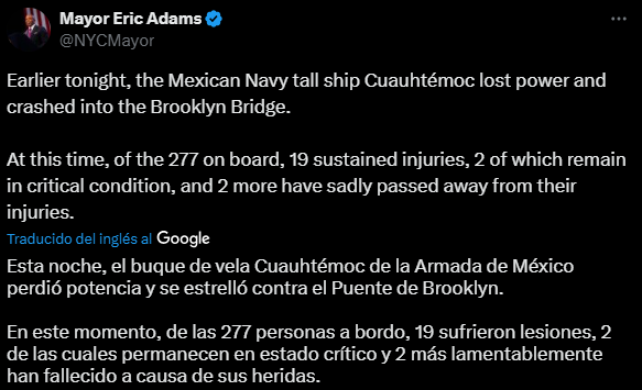 elalbertomedina's tweet image. ⚫⚠️ Alcalde de #NuevaYork confirma dos muertos en choque de velero ‘Cuauhtémoc’ con Puente de #Brooklyn, #EEUU.
Eric Adams, lamentó los hechos ocurridos en el accidente, dando a conocer que dos de los lesionados perdieron la vida, a través de su cuenta de X.
‘En este momento,…