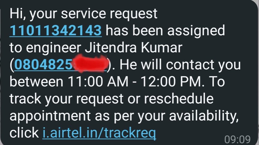 NandanAarav's tweet photo. It's been a days since I reported a WiFi issue @Airtel_Presence but still no solution. No updates from @airtelindia or @Airtel_Presence . This is really disappointing. Kindle resolve this ASAP. Service request no: 11011342143
#customerService #FollowUp #WifiIssue https://t.co/yXU9O0gTvW