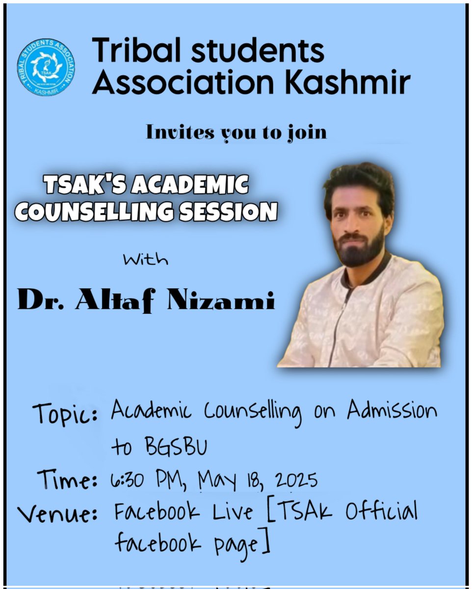 Unlock your future with TSAK!
Join Dr. Altaf Nizami (<a href="/ALTAFNIZAMI7/">Dr. Altaf Nizami -(الطاف نظامی)</a> ) for an academic counselling session on BGSBU admissions—
live on Facebook at 6:30 PM, May 18, 2025!