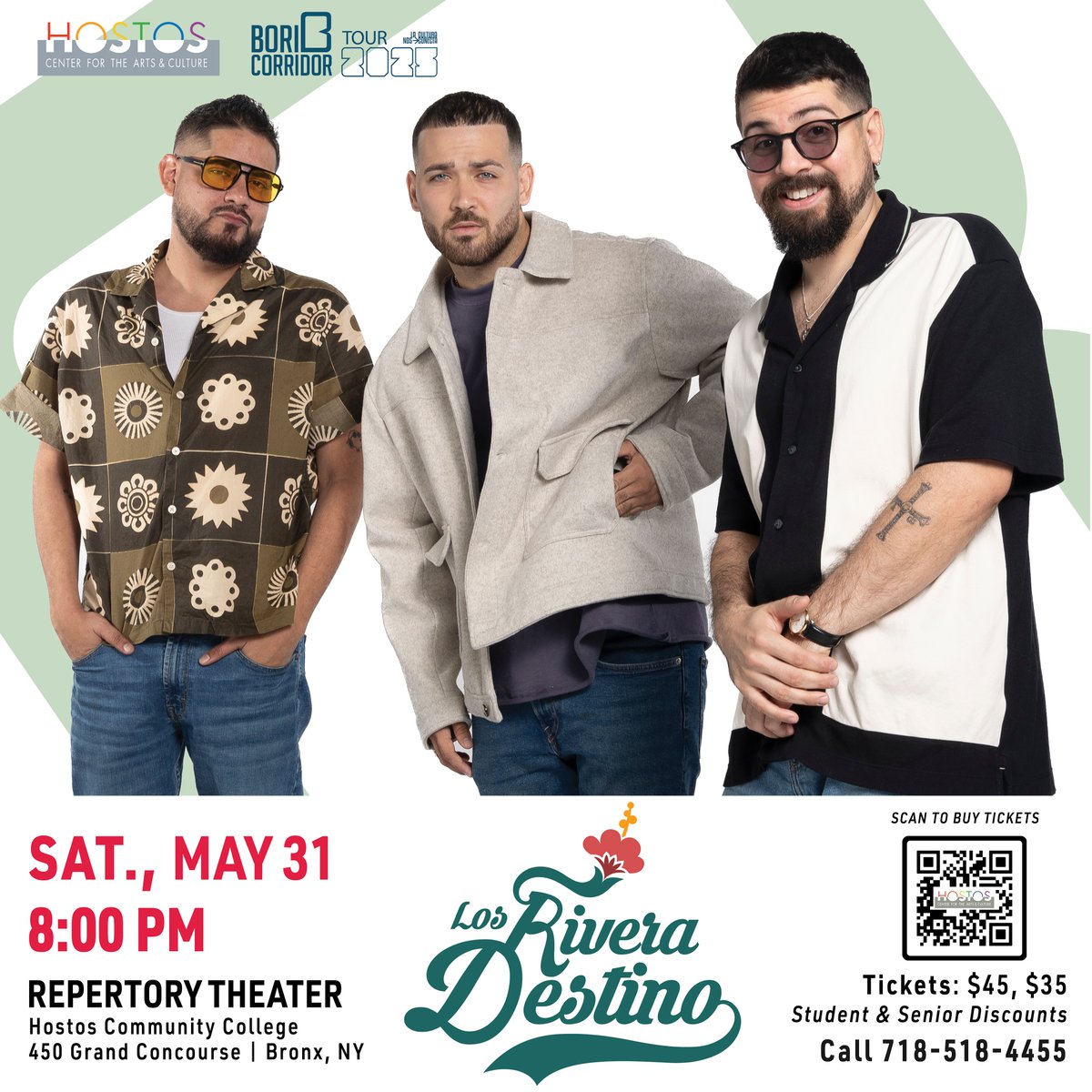 Get ready for LOS RIVERA DESTINO, the acclaimed Puerto Rican vocal trio LIVE at Hostos Center on Sat, May 31, 8 pm

With original humor and clever lyrics set to boleros, rock, and tropical beats, LOS RIVERA DESTINO have skyrocketed to fame!

INFO &amp; TICKETS hostos.cuny.edu/culturearts/ev…